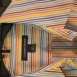 Lands' End Women's Vertical Stripe Shirt: Blue/yellow/brown Size 12
